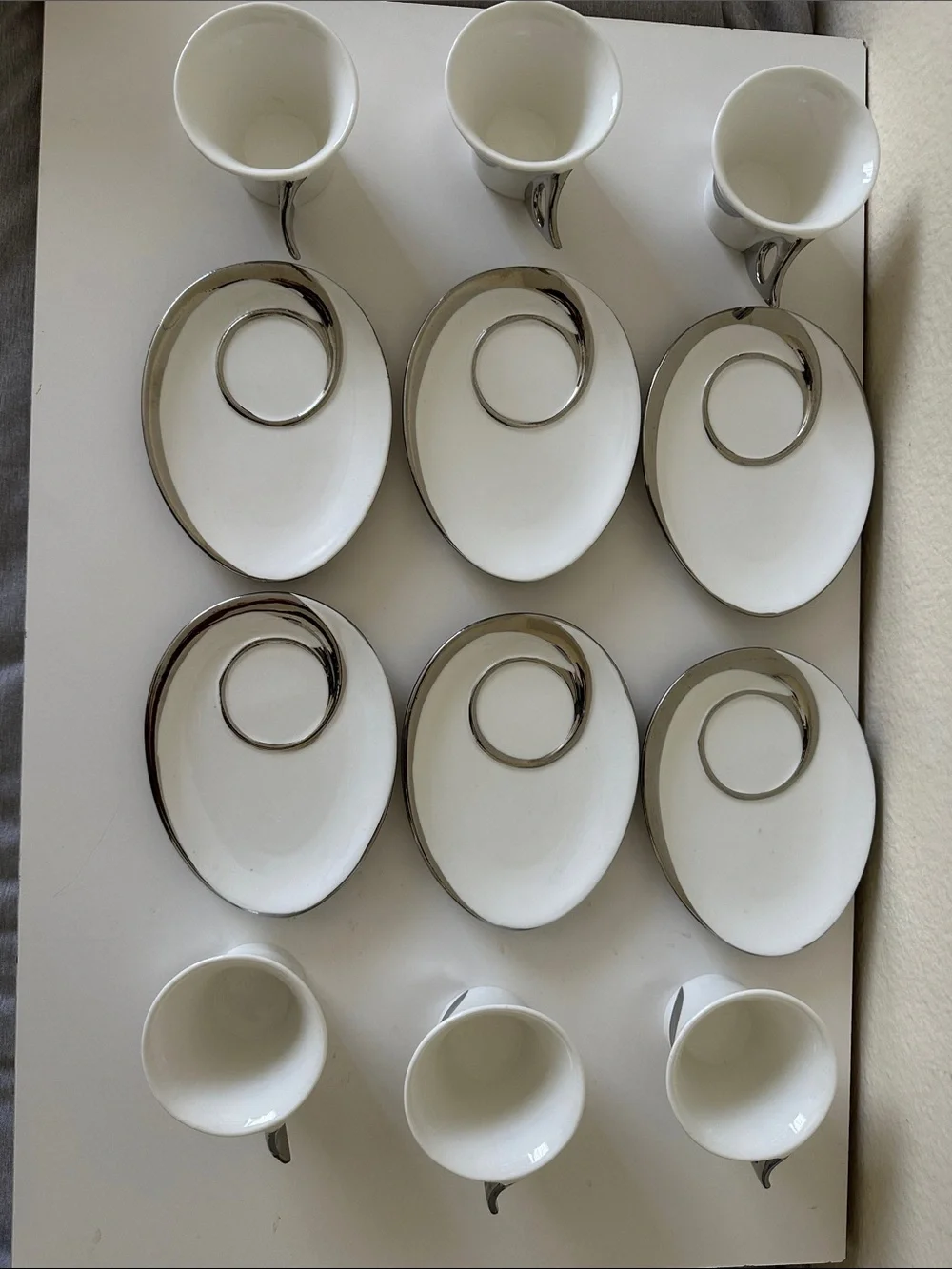 Nour White & Silver Ceramic Espresso Cup Set Of Six Cups With Saucers